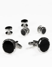 Cristoforo Cardi Black Circular Onyx with Silver Facet Cut Edge Studs and Cufflinks Set