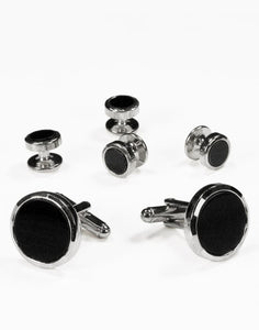 Cristoforo Cardi Black Circular Onyx with Silver Facet Cut Edge Studs and Cufflinks Set