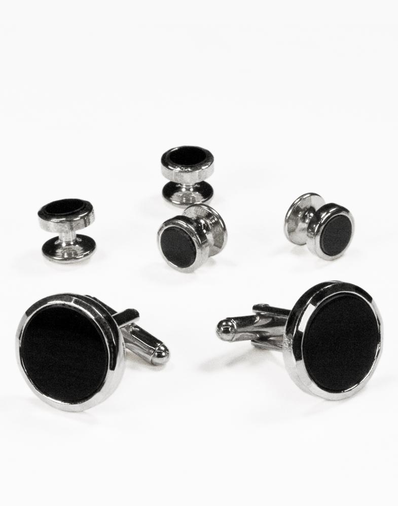 Cristoforo Cardi Black Circular Onyx with Silver Facet Cut Edge Studs and Cufflinks Set