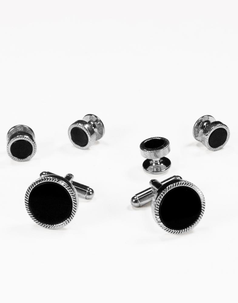 Cristoforo Cardi Black Circular Onyx with Silver Feather Cut Edge Studs and Cufflinks Set