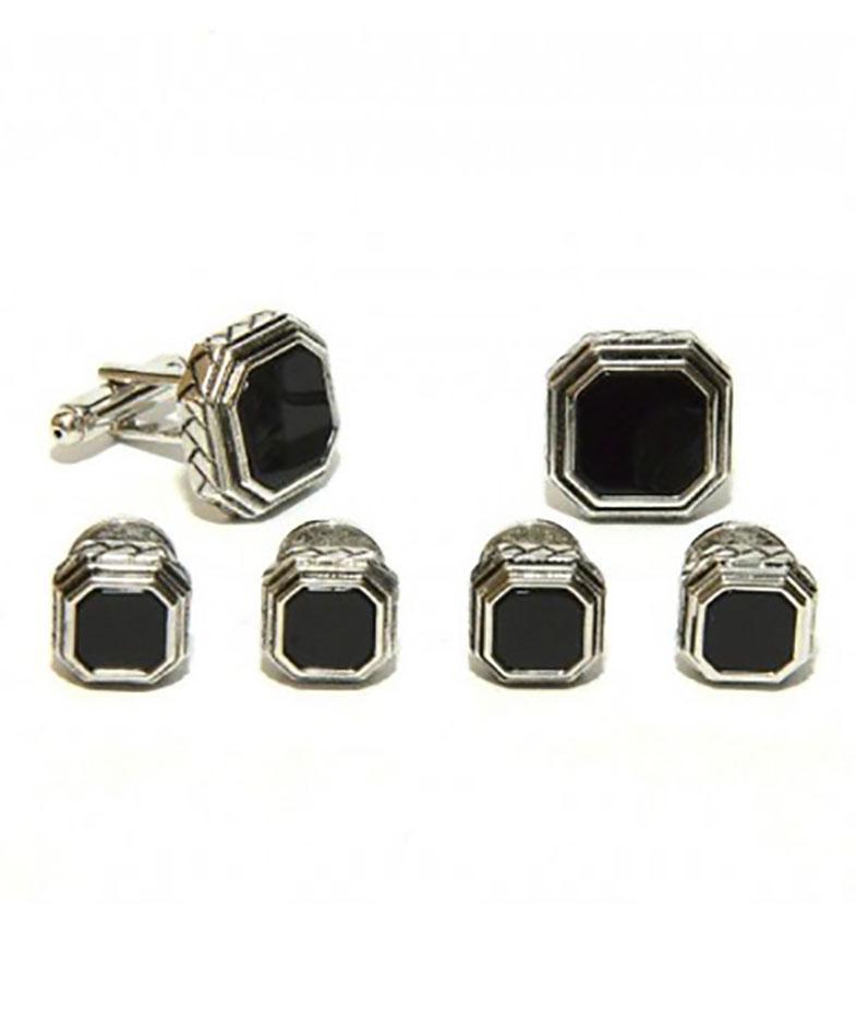 Cristoforo Cardi Black Octagon Onyx in Antique Silver Setting Studs & Cufflinks Set