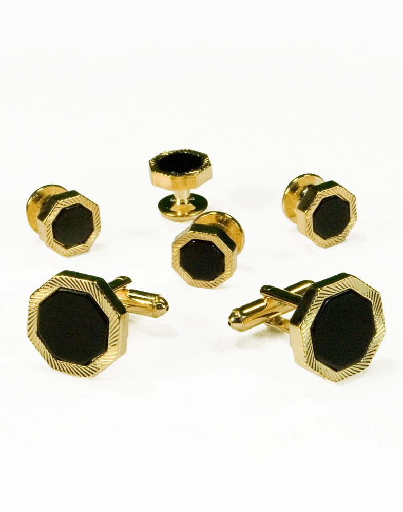 Cristoforo Cardi Black Octagon Onyx with Gold Feathered Edge Studs and Cufflinks Set