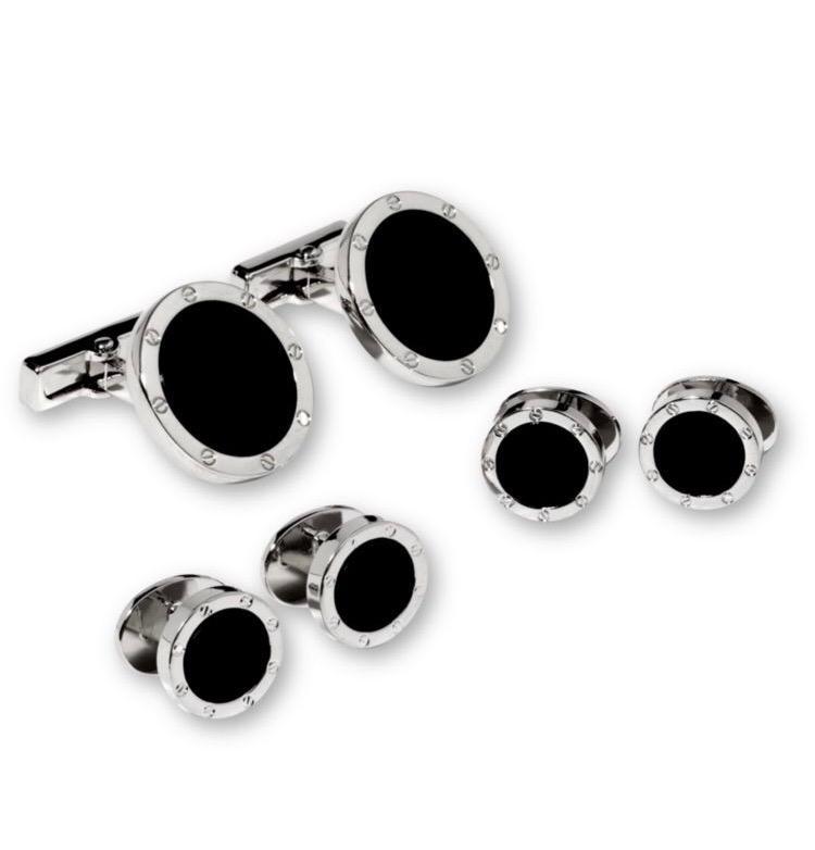 Cristoforo Cardi Black Onyx in Silver Screwhead Setting Studs & Cufflinks Set