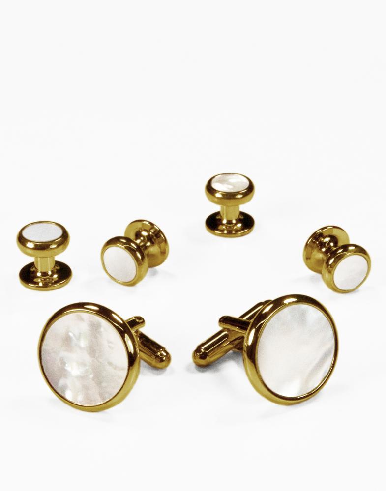 White Mother of Pearl in Gold Setting Studs & Cufflinks Set