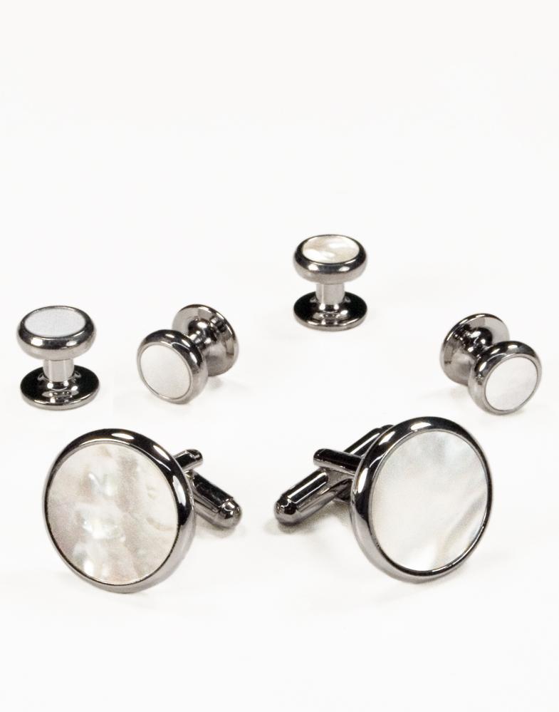 Cristoforo Cardi White Mother of Pearl in Silver Setting Studs & Cufflinks Set