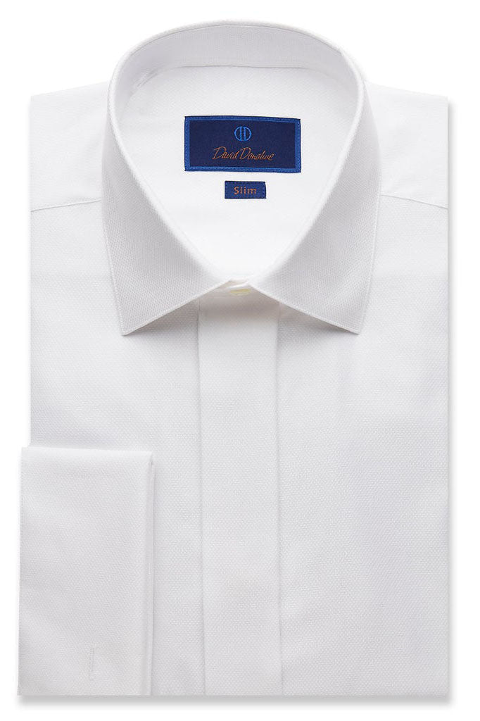 David Donahue Diamond Pattern Covered Placket French Cuff White Tuxedo Shirt