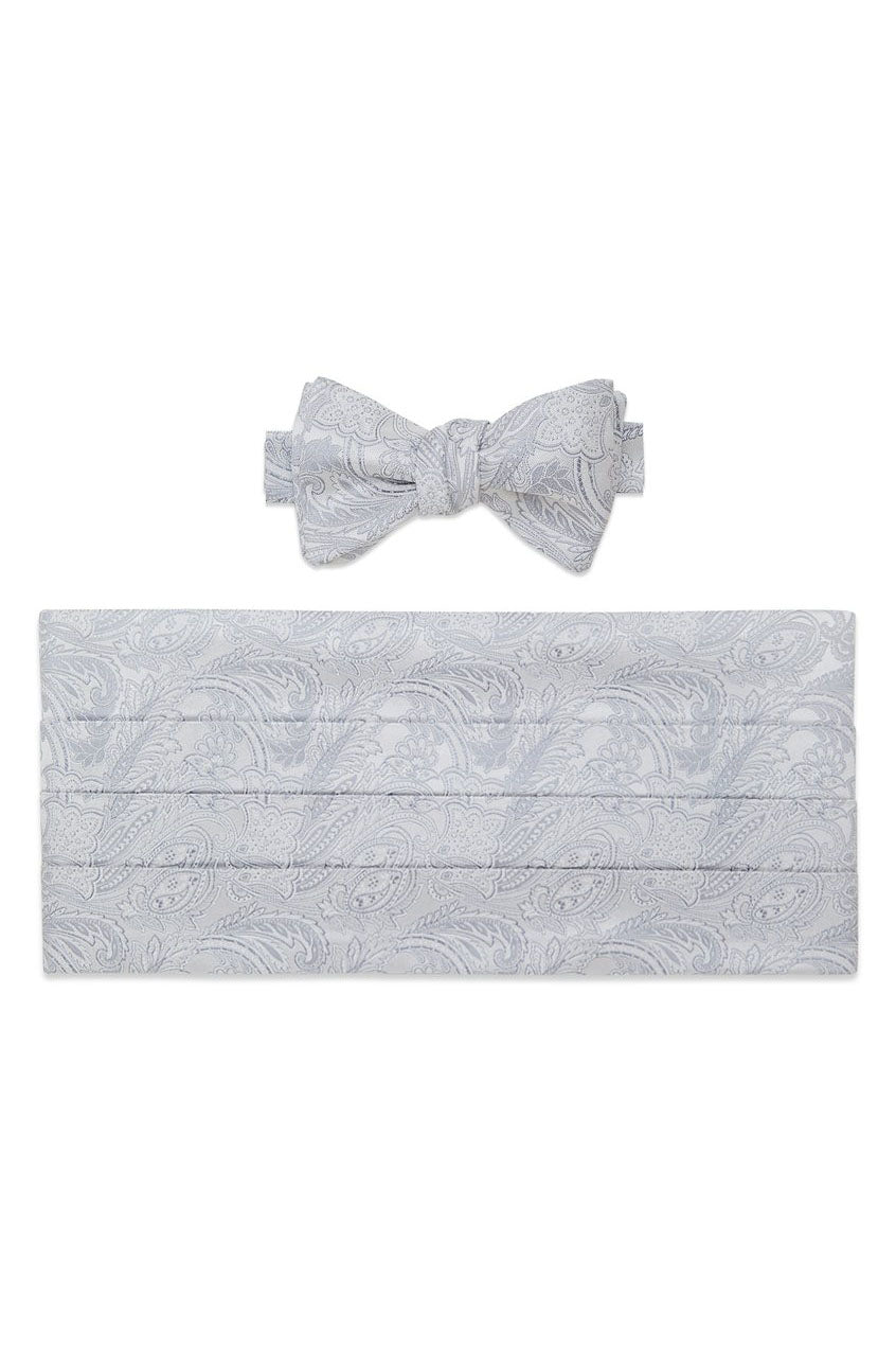 David Donahue Silver and White Paisley Bow Tie & Cummerbund Set