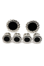Black Onyx with Fluted Silver Trim Studs and Cufflinks Set