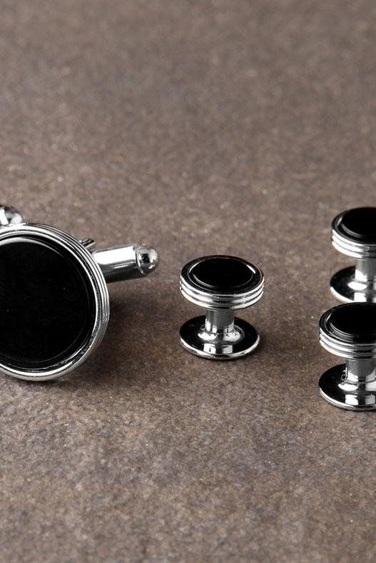 Ike Behar Premium Onyx Triple Rim Silver Studs and Cufflinks Set