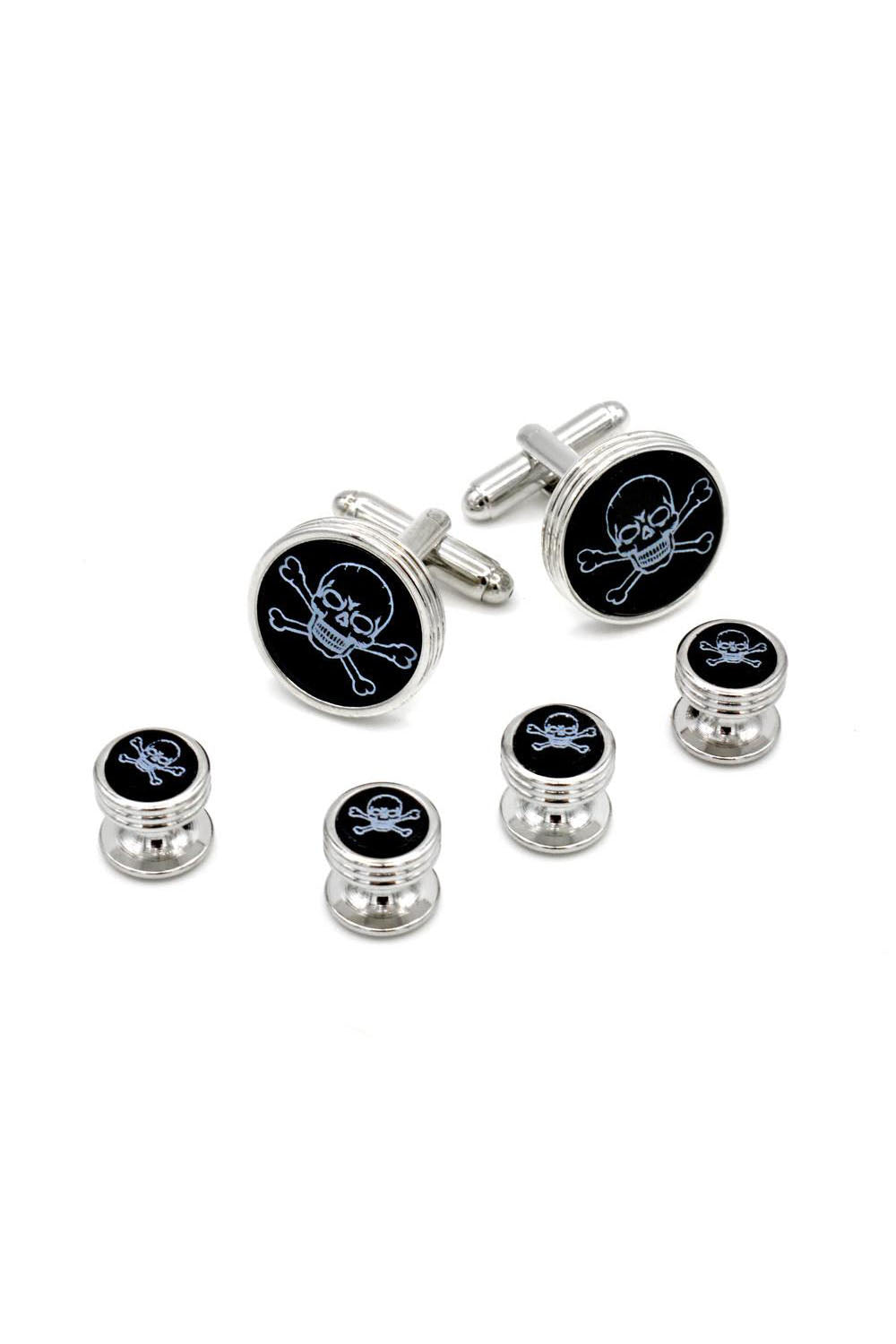 JJ Weston Engraved Skill and Crossbone Silver Studs and Cufflinks Set
