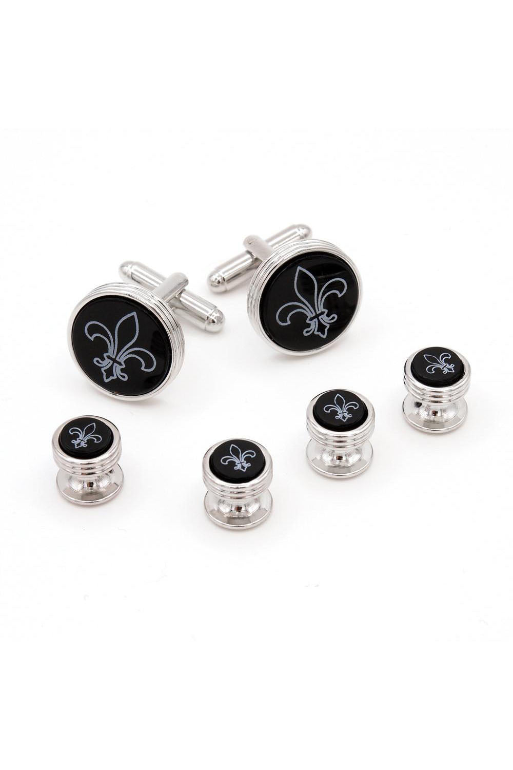 JJ Weston Fleur de Lis Onyx Silver Studs and Cufflinks Set