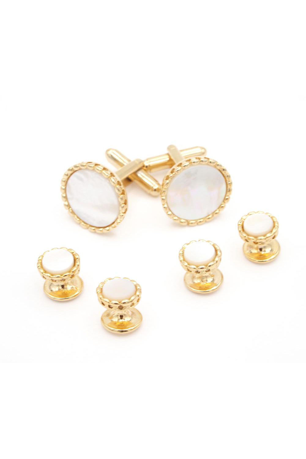 JJ Weston Gold Bead Mother of Pearl Studs and Cufflinks Set