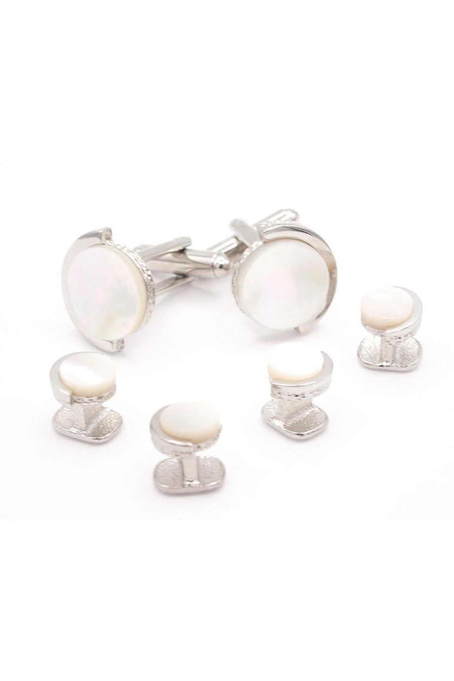 JJ Weston Half Moon Silver Mother of Pearl Studs and Cufflinks Set