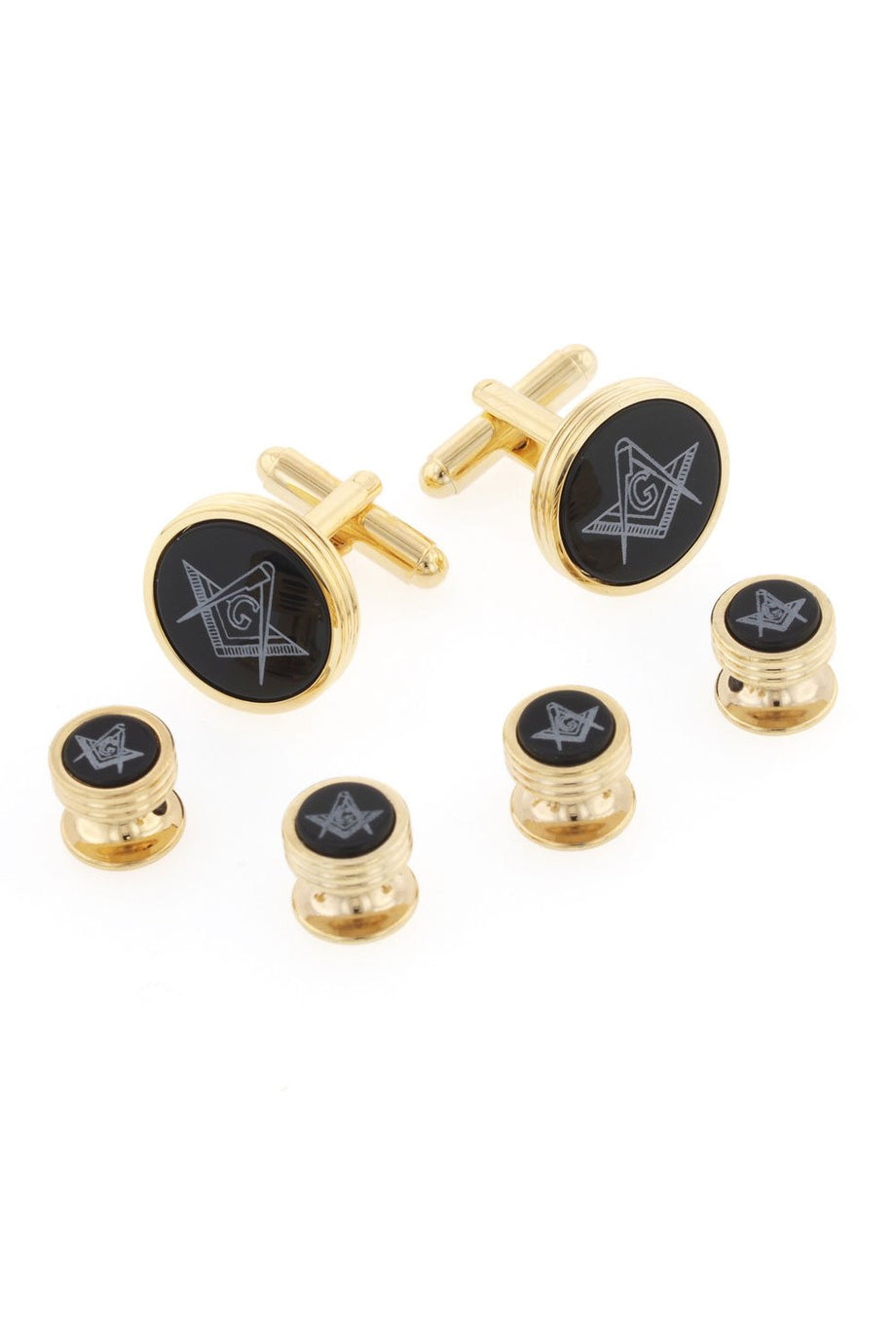 JJ Weston Masonic Onyx Triple Rim Gold Studs and Cufflinks Set