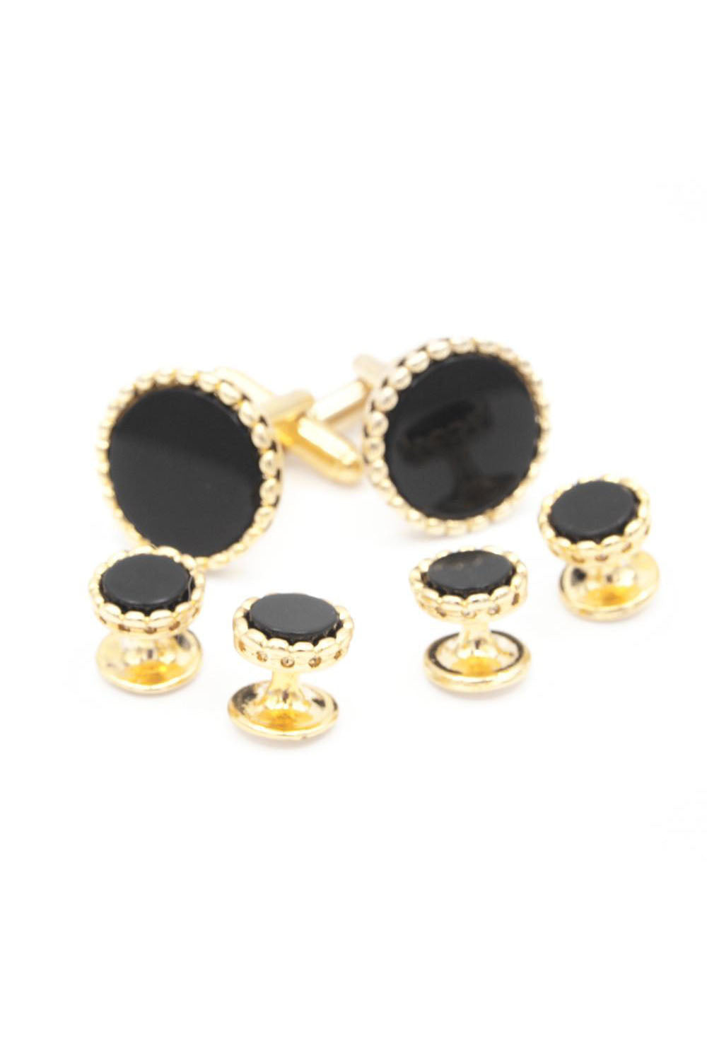 JJ Weston Onyx Bead Edge Gold Studs and Cufflinks Set