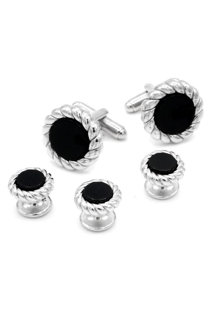 JJ Weston Onyx Rope Silver Studs and Cufflinks Set