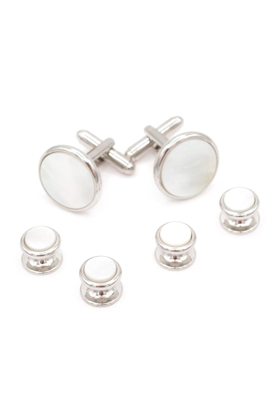 JJ Weston Smooth Edge Mother of Pearl Silver Studs and Cufflinks Set