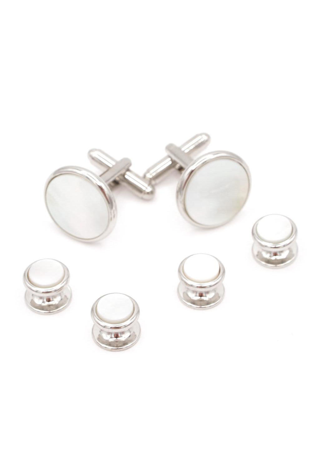 JJ Weston Smooth Edge Mother of Pearl Silver Studs and Cufflinks Set