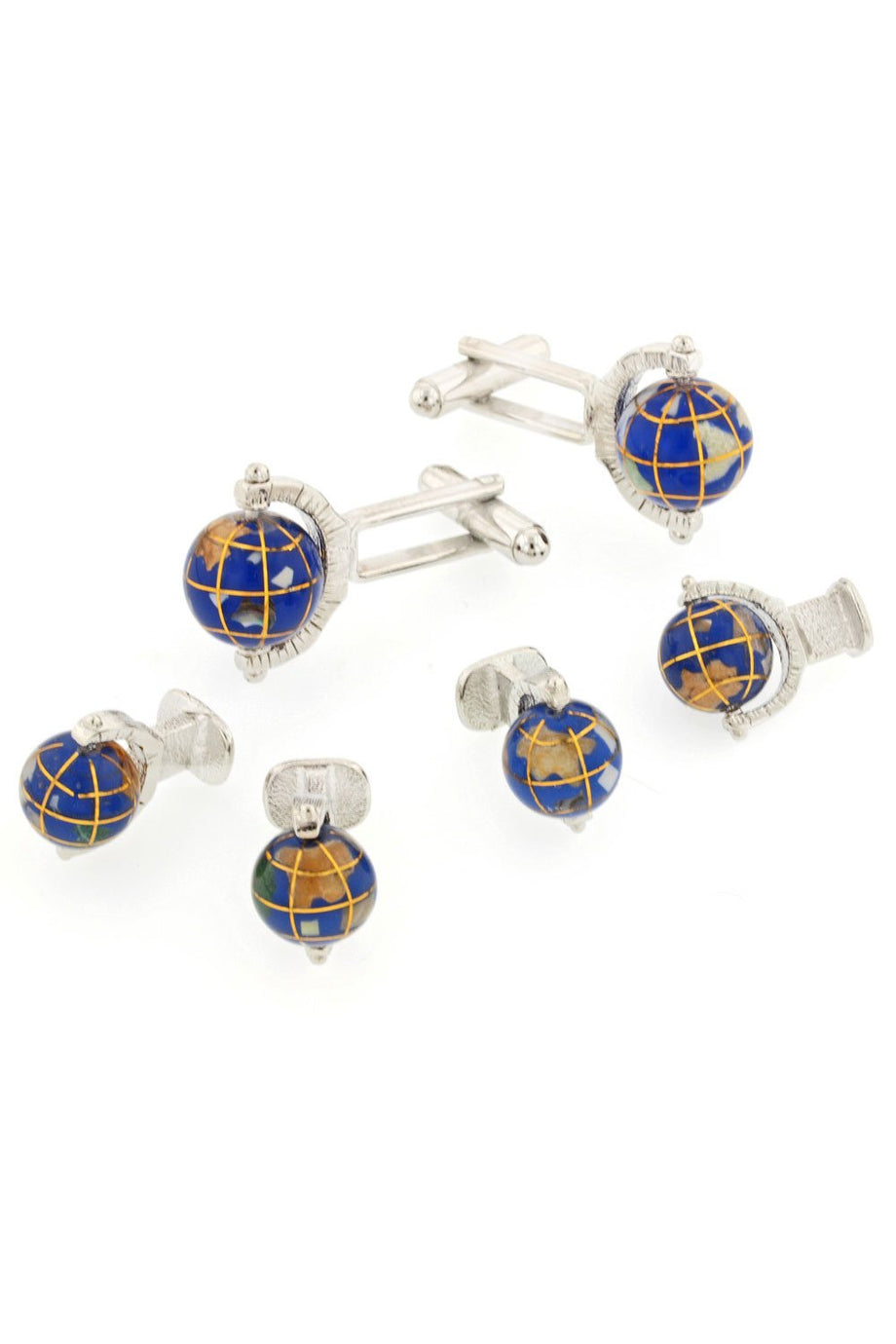 JJ Weston Spinning Globe Silver Studs and Cufflinks Set