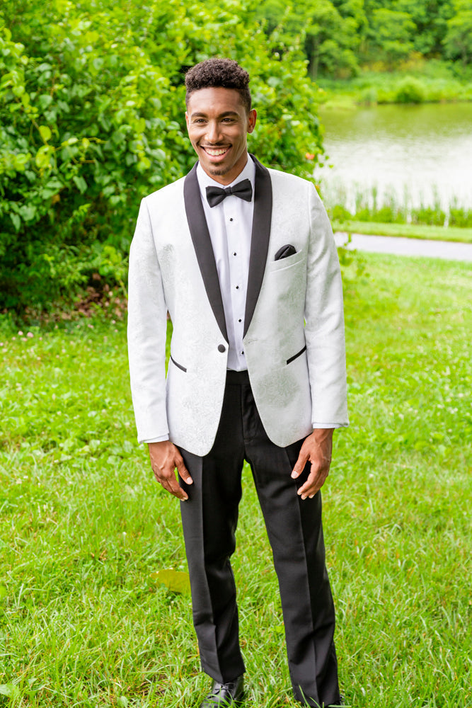 Mark of Distinction Aries White Paisley Black Lapel Shawl Tuxedo Jacket (Separates) 40R Slim