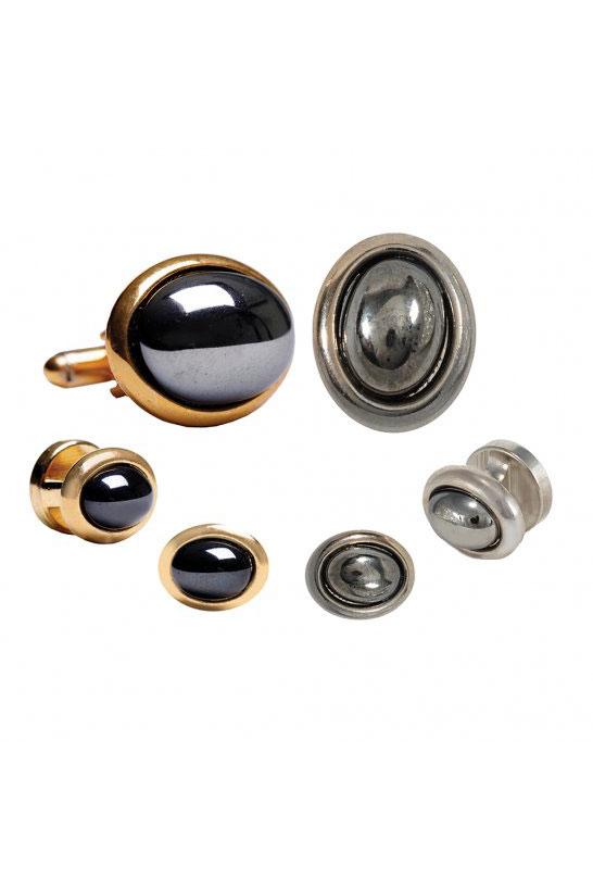 Pioneer Hematite Oval Beveled Edge Studs and Cufflinks Set