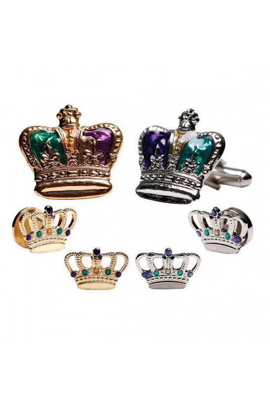 Pioneer Mardi Gras Epoxy Crown Studs and Cufflinks Set