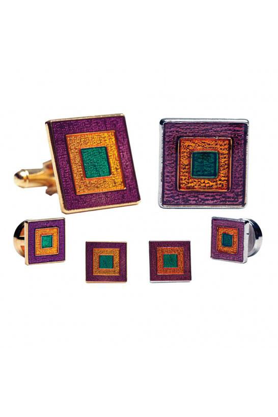 Pioneer Mardi Gras Epoxy Square Studs and Cufflinks Set