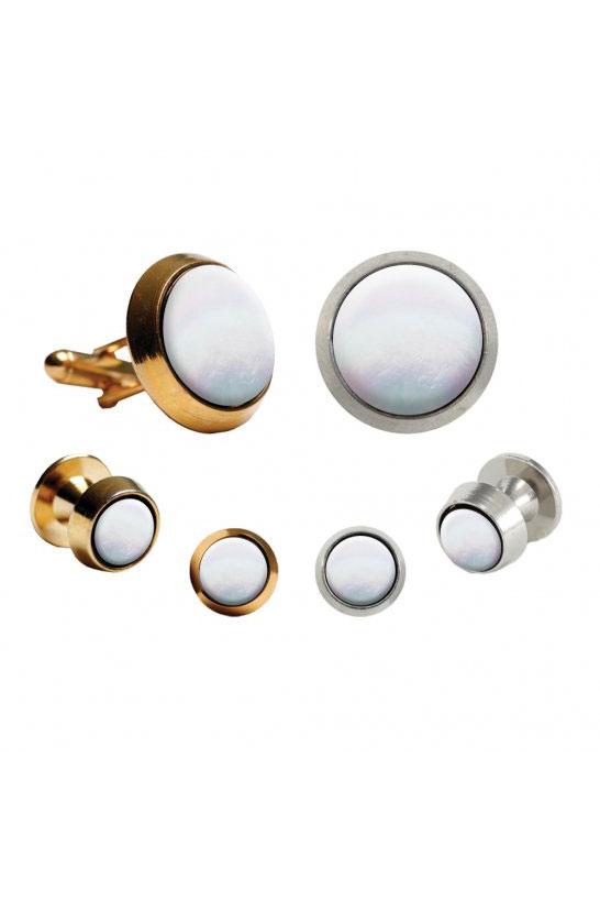 Pioneer Mother of Pearl Round Beveled Edge Studs and Cufflinks Set