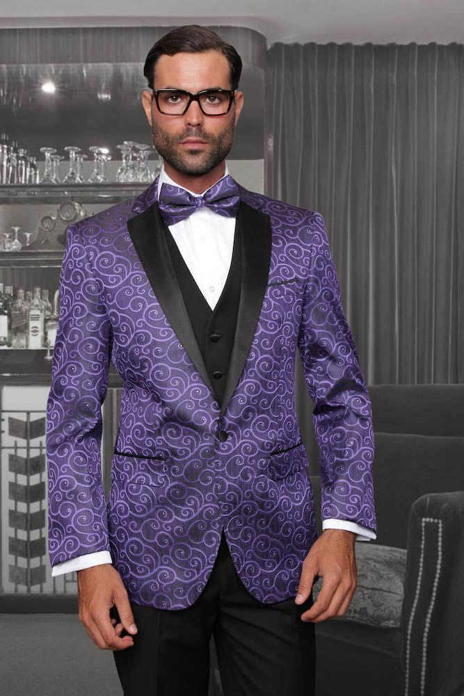 Mens Gold & Purple Paisley Prom Tuxedo Smoking Jacket Blazer, 7X-Large (62) / Purple