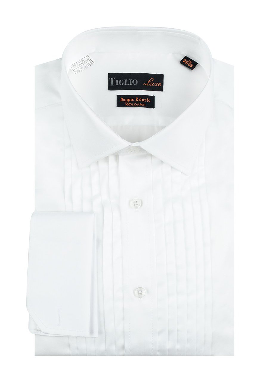 Tiglio "Romano" White Pleated Laydown Tuxedo Shirt